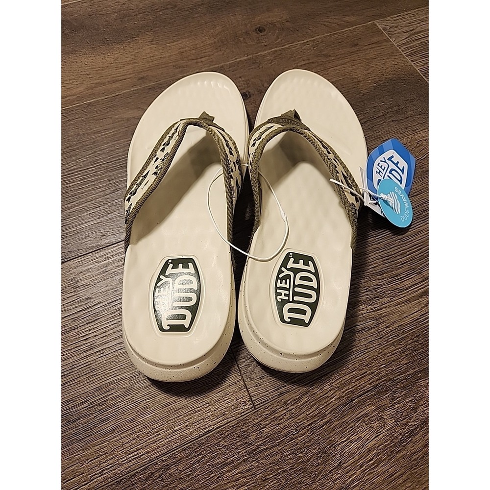 Hey Dude Men's 11 Flip Flops Olive Tan Fishing Lure Sandals Comfort Myers - Picture 4 of 5